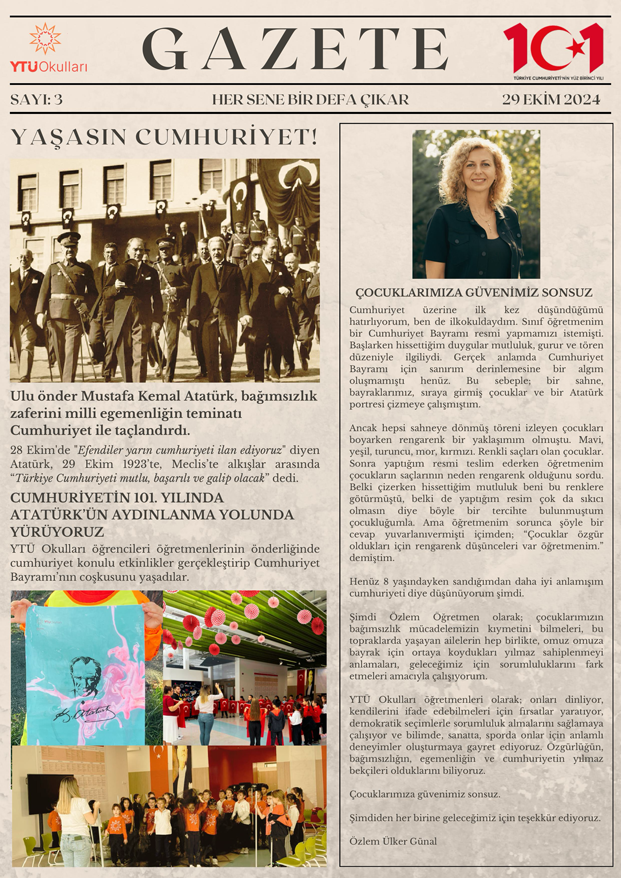 YTU Okulları Cumhuriyet Gazetesi 101. Yıl
